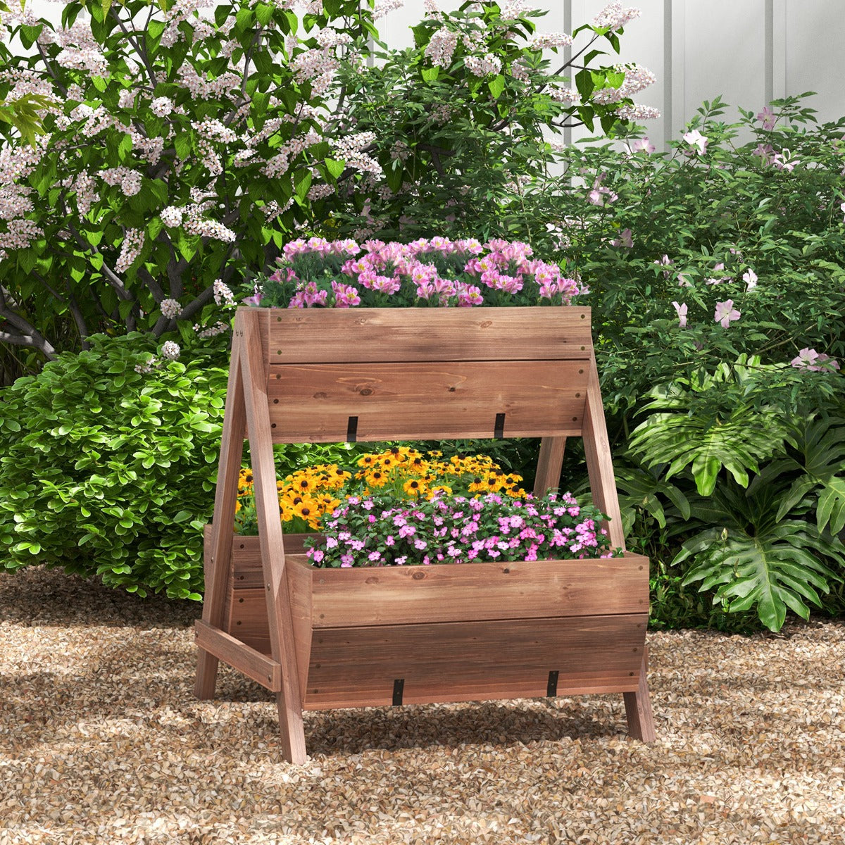 LIVSK Verticale Verhoogde Plantenbak - 3 Houten Plantenbakken - Waterdichte Verf - A-vormig Frame - 66 x 73 x 73 cm - Bruin