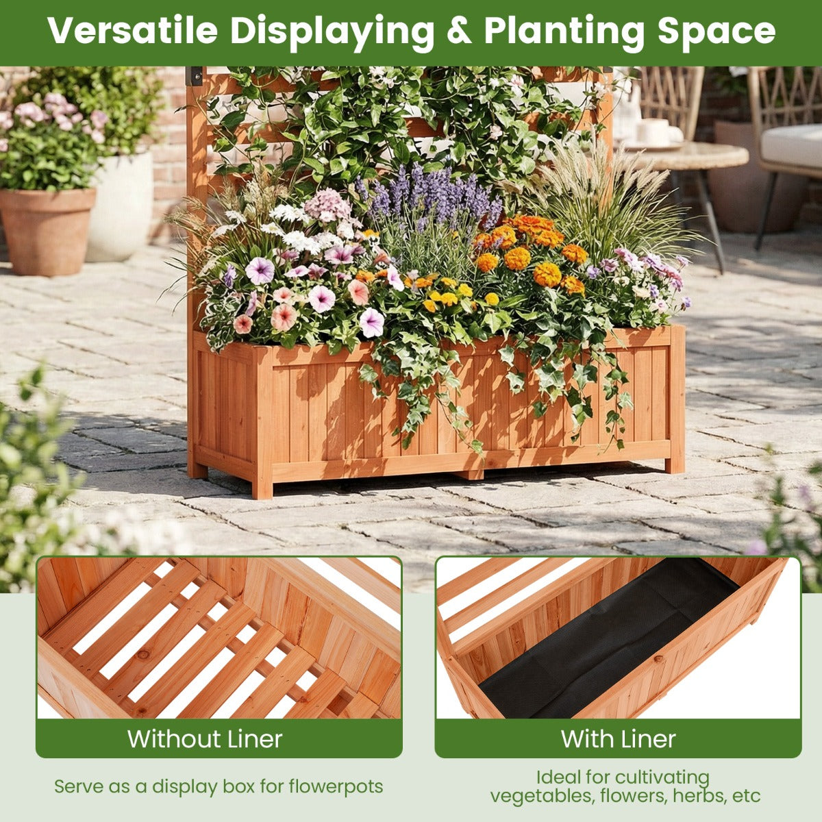 Livsk costway verticale verhoogde plantenbak van vurenhout met latwerk en drainage 150 cm hoge bloembak bruin 3