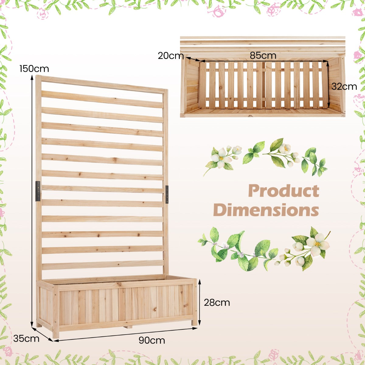 Livsk costway verticale verhoogde plantenbak van vurenhout met latwerk en drainage 150 cm hoge bloembak naturel 1 1