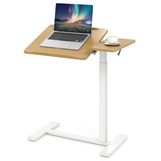 LIVSK Verstelbare Bijzettafel - Hoogte 70-103,5 cm - H-vormige Basis - Kantelbaar Blad - Ruimtebesparend - Natuur + Wit