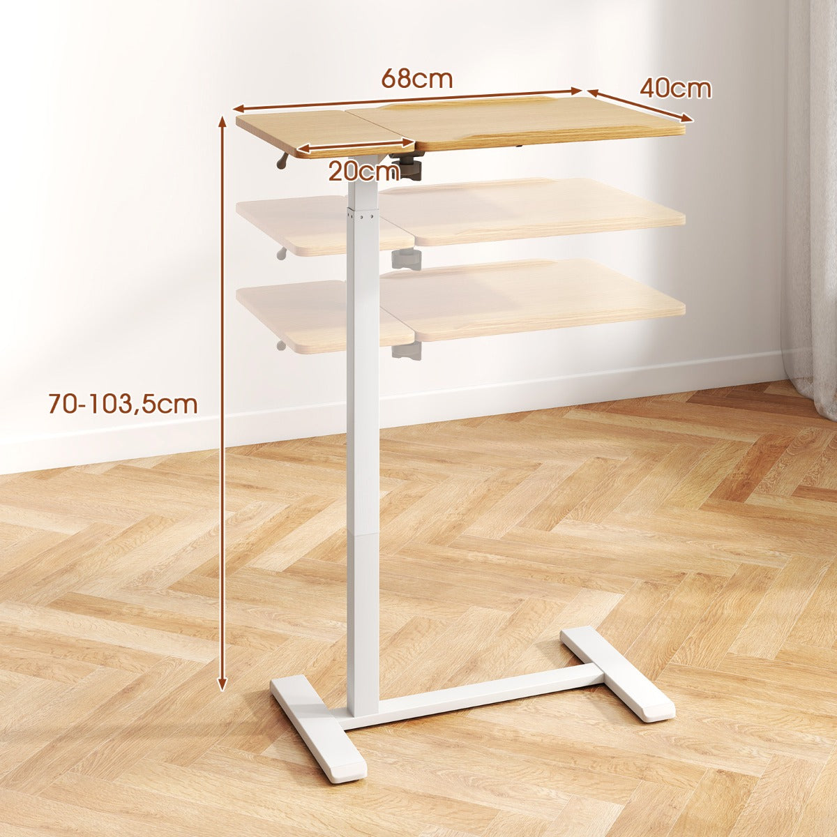 LIVSK Verstelbare Bijzettafel - Hoogte 70-103,5 cm - H-vormige Basis - Kantelbaar Blad - Ruimtebesparend - Natuur + Wit