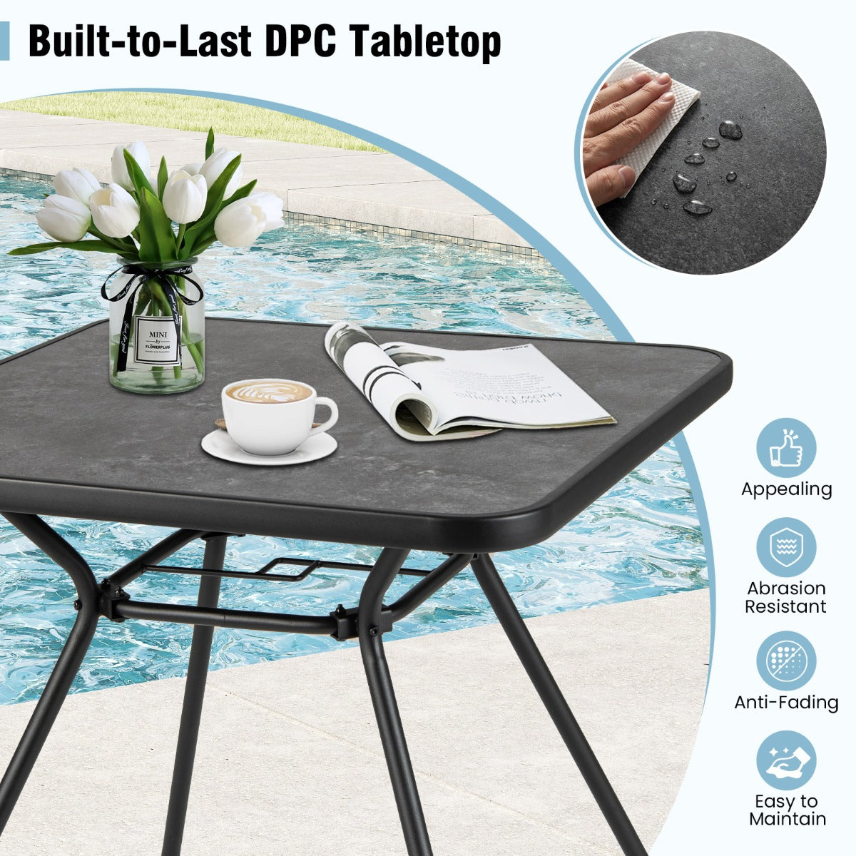 LIVSK Buitentafel - Slijtvast SPC Blad - Stevig Metalen Frame - Verstelbare Poten - Geschikt voor 4 Personen - Zwart + Grijs