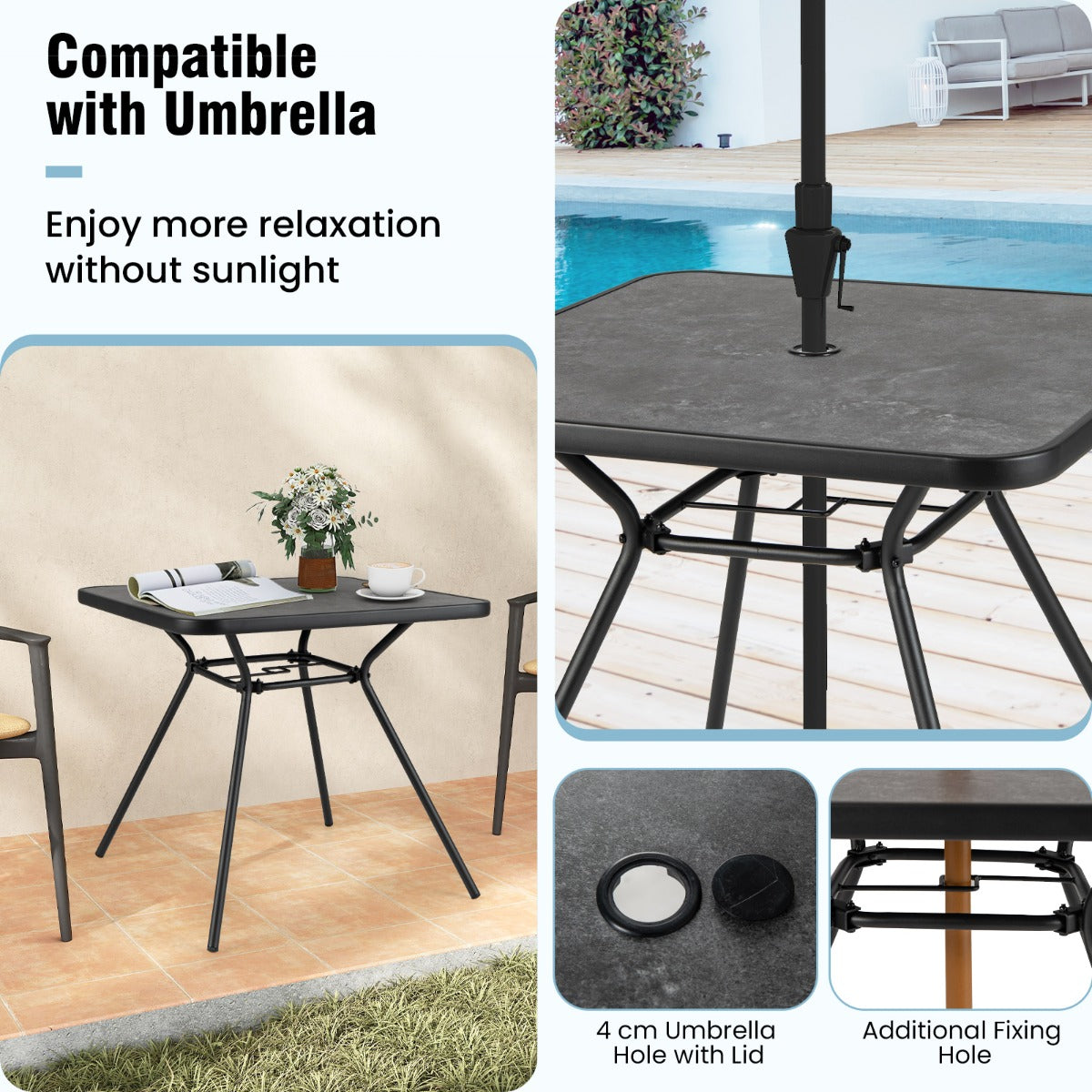 LIVSK Buitentafel - Slijtvast SPC Blad - Stevig Metalen Frame - Verstelbare Poten - Geschikt voor 4 Personen - Zwart + Grijs