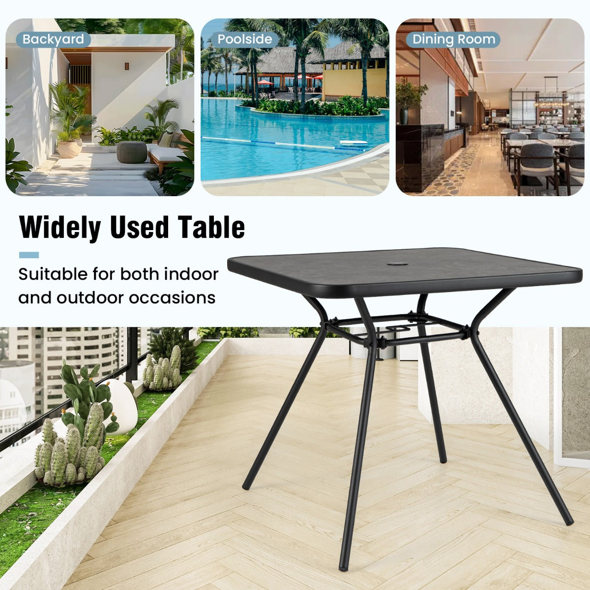 LIVSK Buitentafel - Slijtvast SPC Blad - Stevig Metalen Frame - Verstelbare Poten - Geschikt voor 4 Personen - Zwart + Grijs