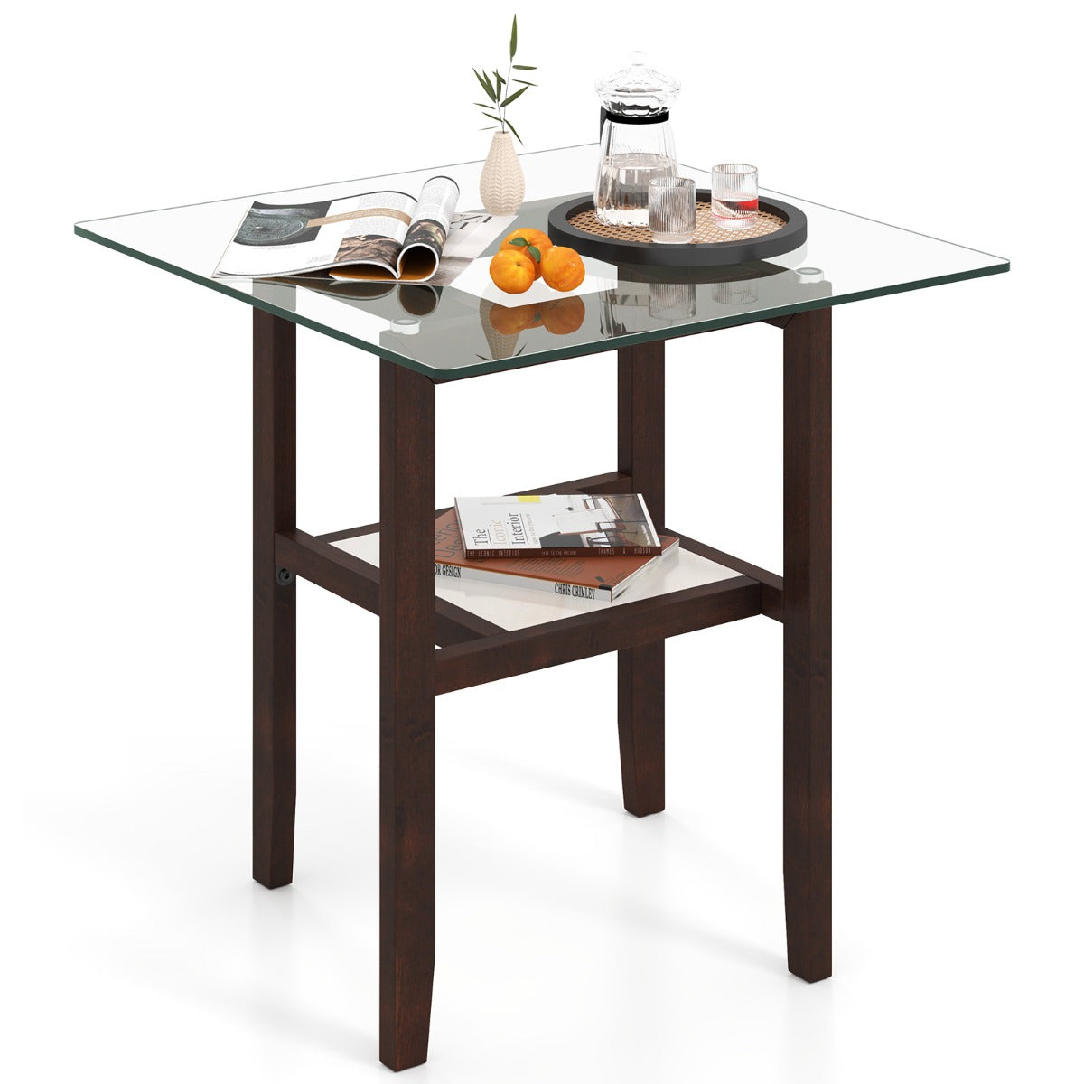 LIVSK Bijzettafel met Twee Niveaus - Gehard Glas - Rubberhouten Frame - Draagvermogen 68 kg - Voor Woonkamer en Slaapkamer -