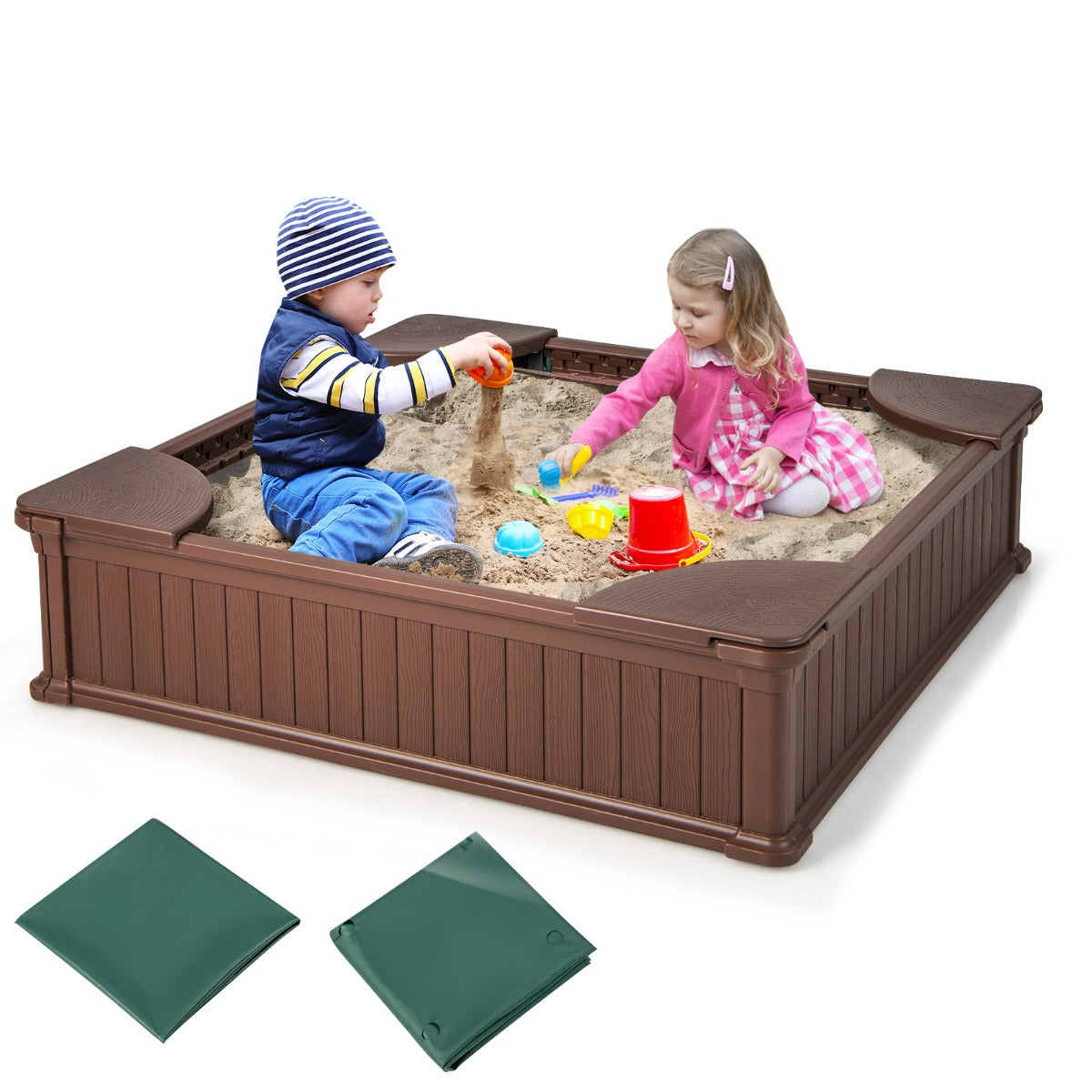 LIVSK Zandbak met Deksel - Ruime Afmeting 123,5 x 123,5 x 31,5 cm - HDPE Veilig Materiaal - Waterdichte Hoes - Bruin