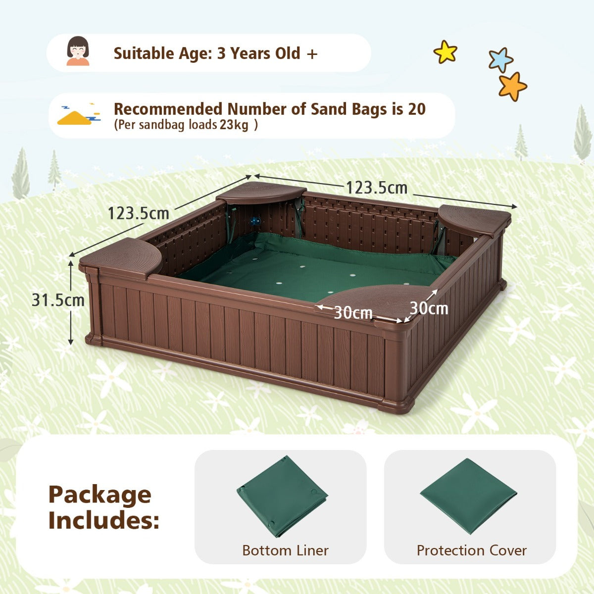 LIVSK Zandbak met Deksel - Ruime Afmeting 123,5 x 123,5 x 31,5 cm - HDPE Veilig Materiaal - Waterdichte Hoes - Bruin