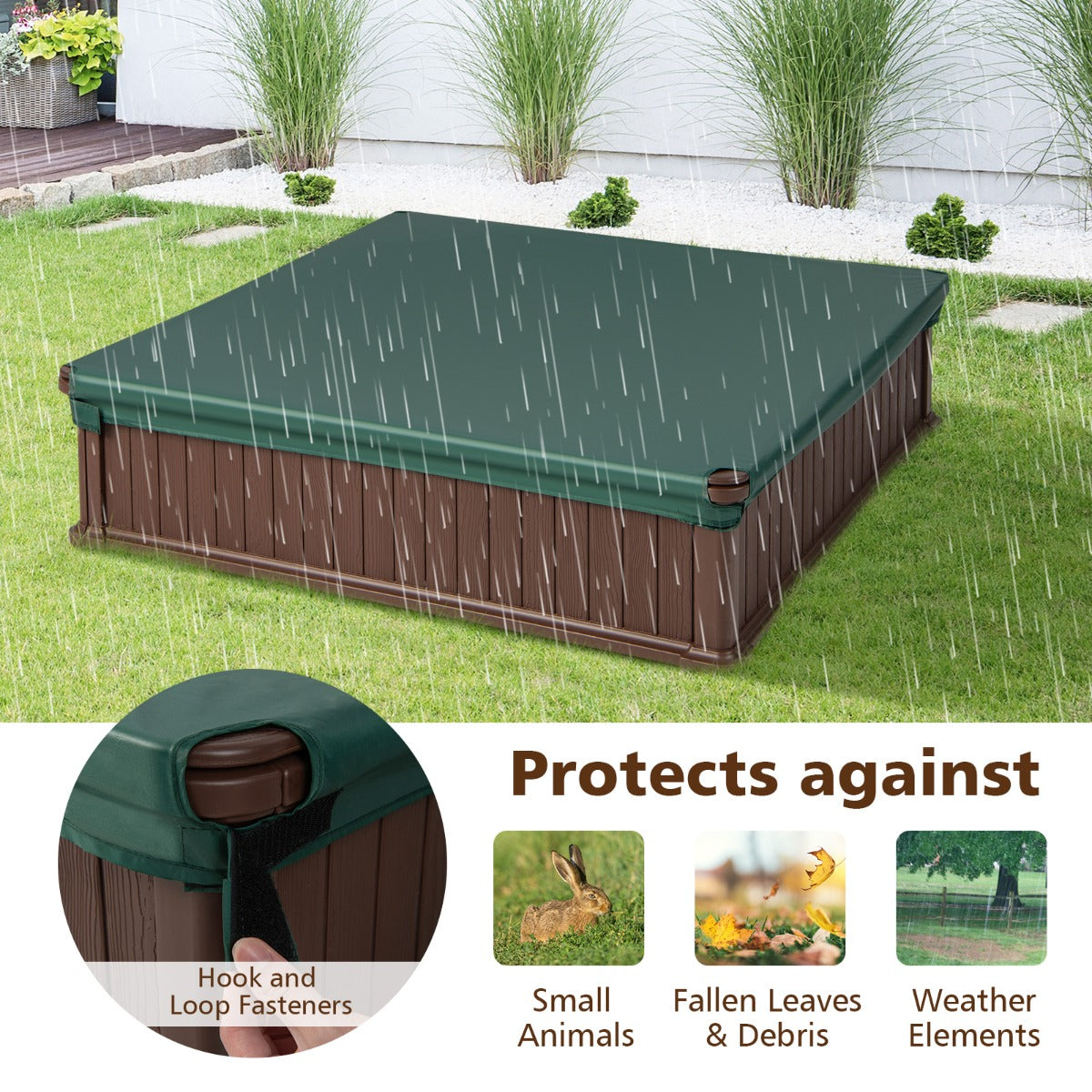 LIVSK Zandbak met Deksel - Ruime Afmeting 123,5 x 123,5 x 31,5 cm - HDPE Veilig Materiaal - Waterdichte Hoes - Bruin