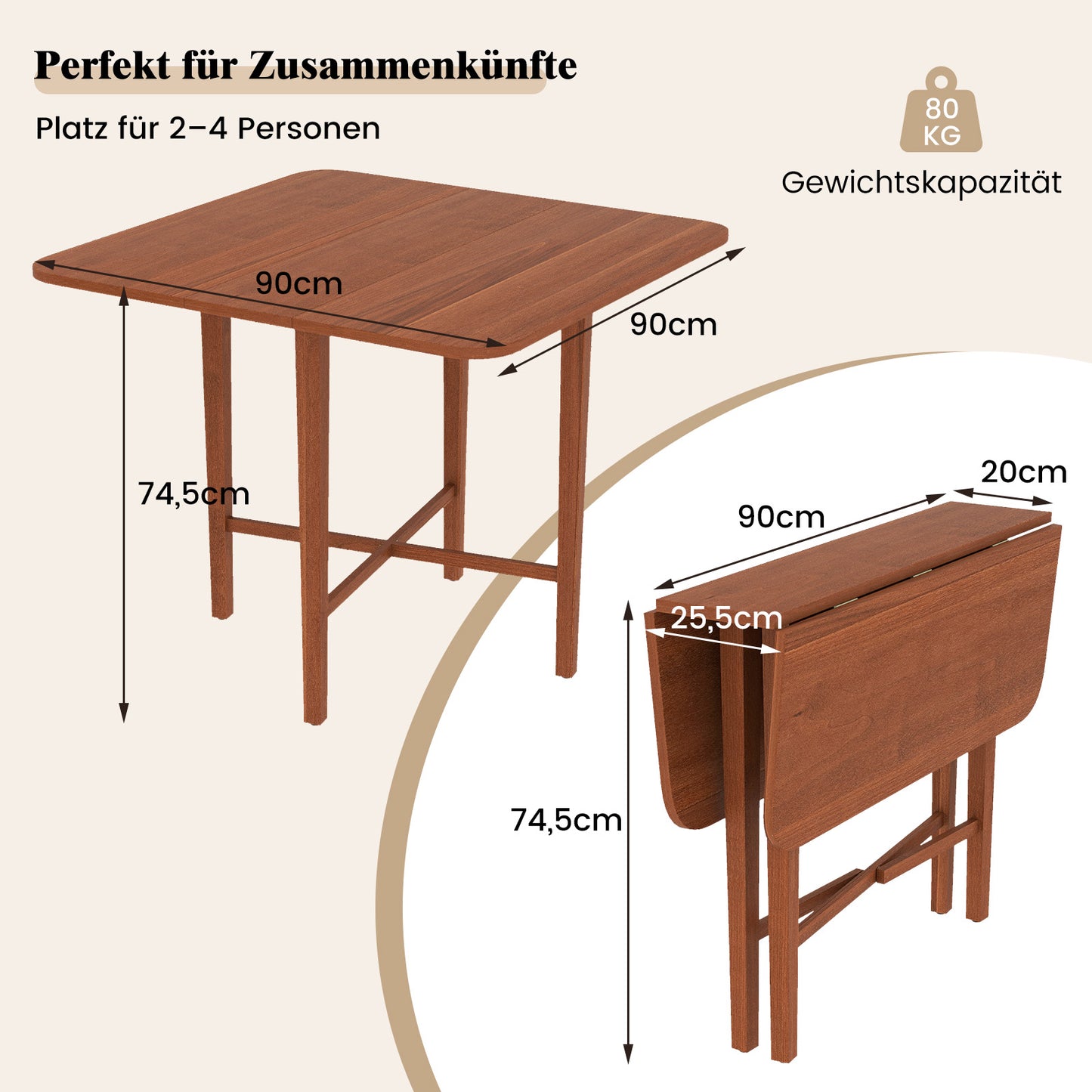 LIVSK Opklapbare Houten Eettafel - 2 Zijflappen voor Eten of Bureau - X-vormig Frame - Voor 2-4 Personen - 90 x 90 x 74,5 cm -