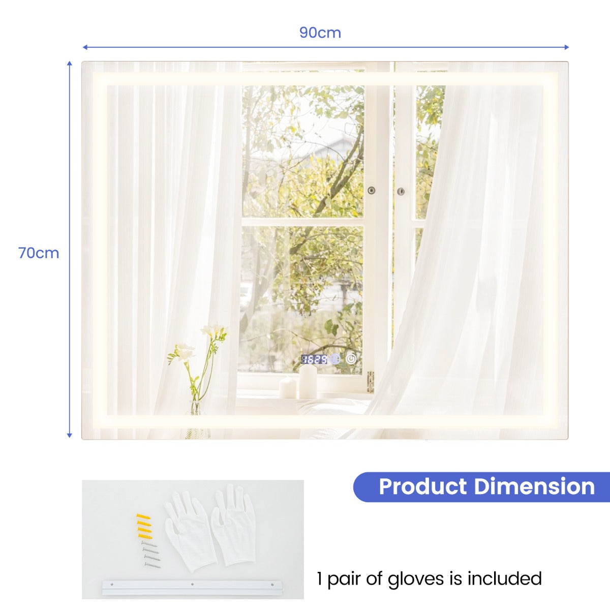 LIVSK Waterdichte LED Wandspiegel - Anticondensfunctie - 3 Kleuren LED-verlichting - Geheugenfunctie - 90 x 70 x 4 cm - Zilver