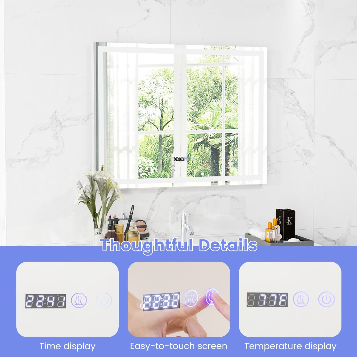 LIVSK Waterdichte LED Wandspiegel - Anticondensfunctie - 3 Kleuren LED-verlichting - Geheugenfunctie - 90 x 70 x 4 cm - Zilver