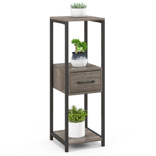 LIVSK Plantenstandaard met 3 Open Planken - Multifunctioneel - Stevig Metaal - Ruimtebesparend - 30,5 x 30,5 x 92 cm - Grijs en