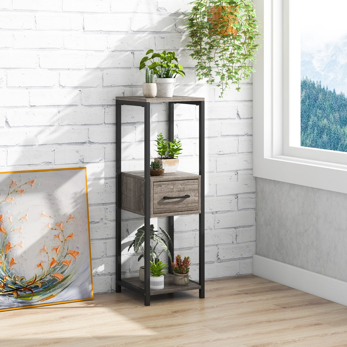 LIVSK Plantenstandaard met 3 Open Planken - Multifunctioneel - Stevig Metaal - Ruimtebesparend - 30,5 x 30,5 x 92 cm - Grijs en