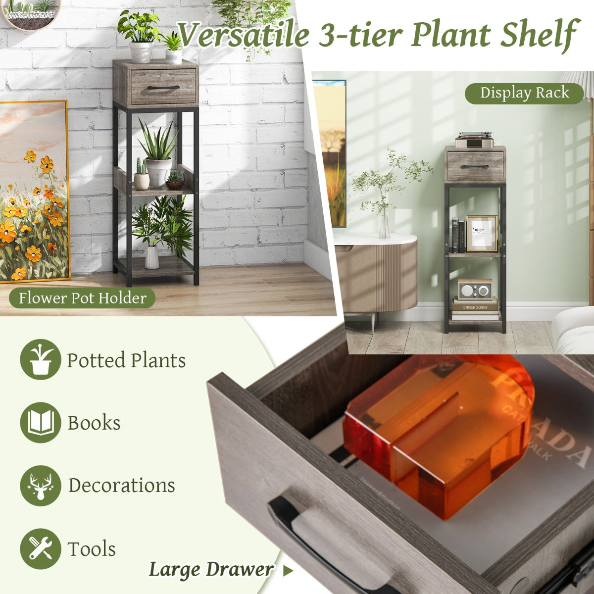 LIVSK Hoekplantstandaard met 3 Open Planken - Inclusief Lade en 2 Anti-Kantelsets - Stabiel en Ruimtebesparend - Grijs en Zwart