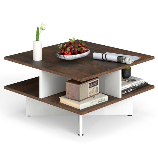 LIVSK Multifunctionele Salontafel met Opbergvakken - 2-laags - Dubbel Kruisvoet - Rustiek Hout - 60 x 60 x 32,5 cm - Rustiek