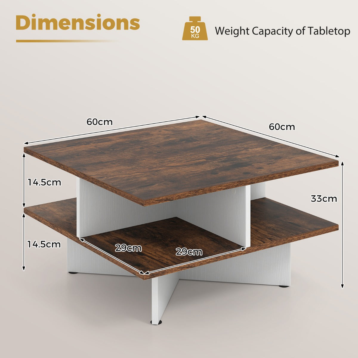 LIVSK Multifunctionele Salontafel met Opbergvakken - 2-laags - Dubbel Kruisvoet - Rustiek Hout - 60 x 60 x 32,5 cm - Rustiek