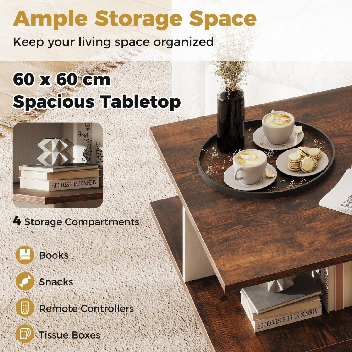 LIVSK Multifunctionele Salontafel met Opbergvakken - 2-laags - Dubbel Kruisvoet - Rustiek Hout - 60 x 60 x 32,5 cm - Rustiek