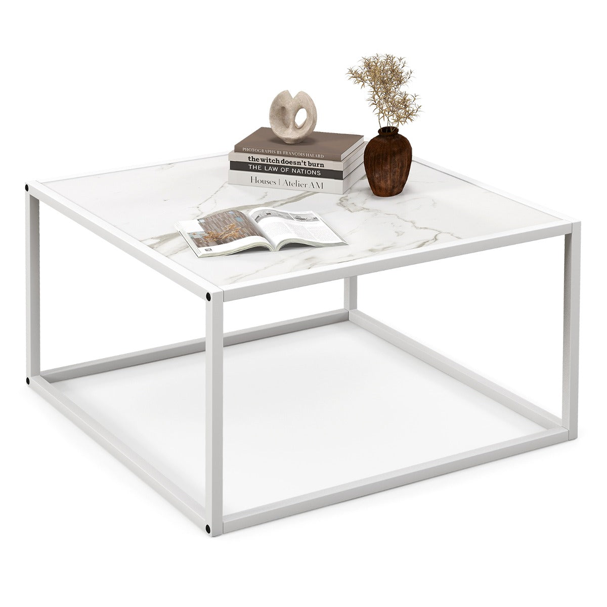 LIVSK Vierkante Salontafel - Imitatiemarmer met Mat Stalen Frame - Antislip Glijders - Draagvermogen 95 kg - 70 x 70 x 40 cm - Wit