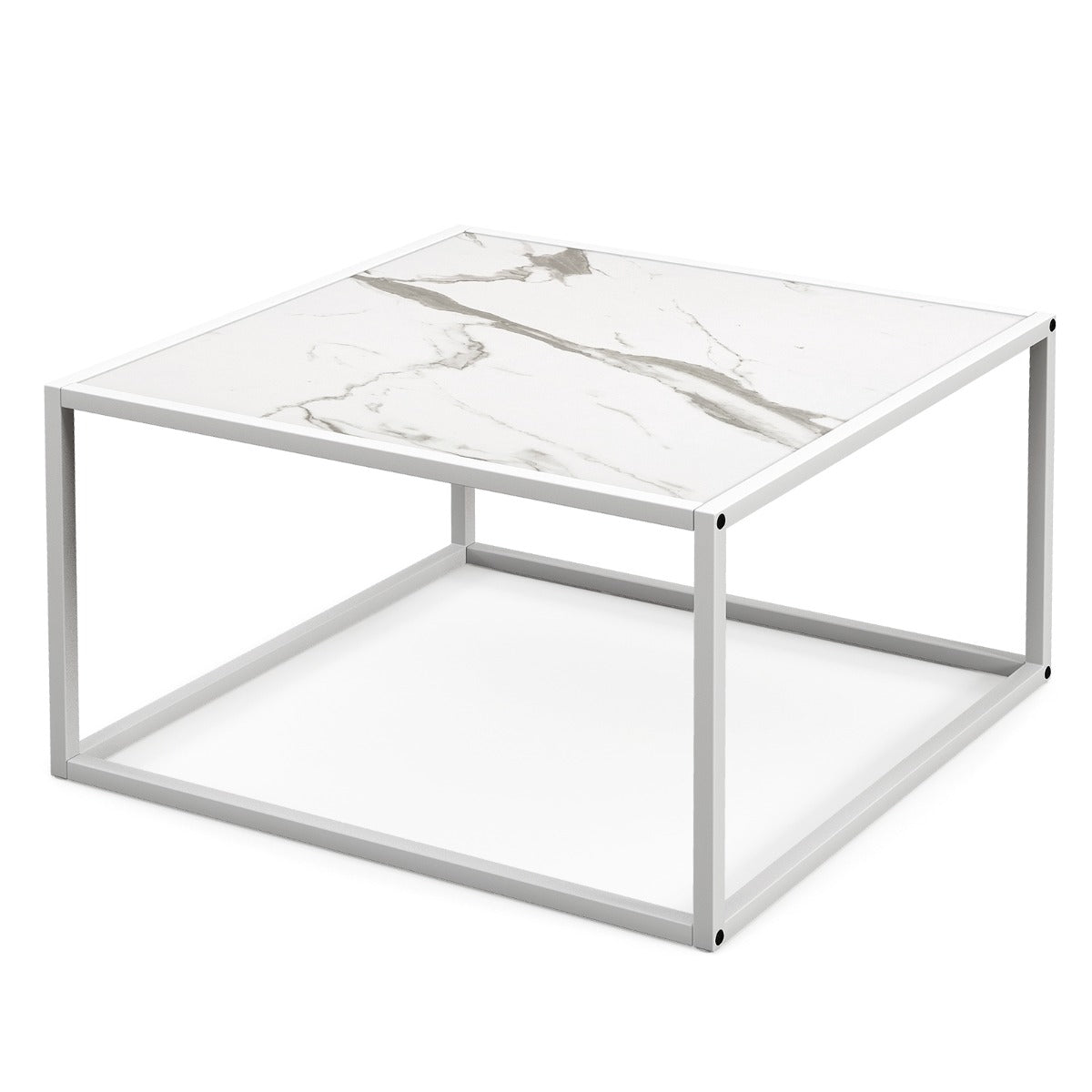 LIVSK Vierkante Salontafel - Imitatiemarmer met Mat Stalen Frame - Antislip Glijders - Draagvermogen 95 kg - 70 x 70 x 40 cm - Wit
