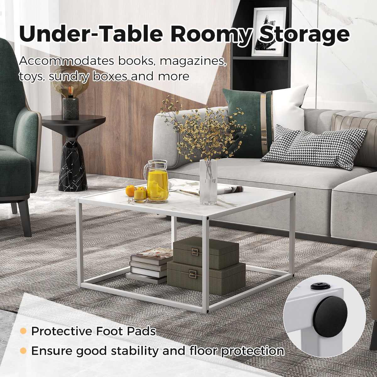 LIVSK Vierkante Salontafel - Imitatiemarmer met Mat Stalen Frame - Antislip Glijders - Draagvermogen 95 kg - 70 x 70 x 40 cm - Wit