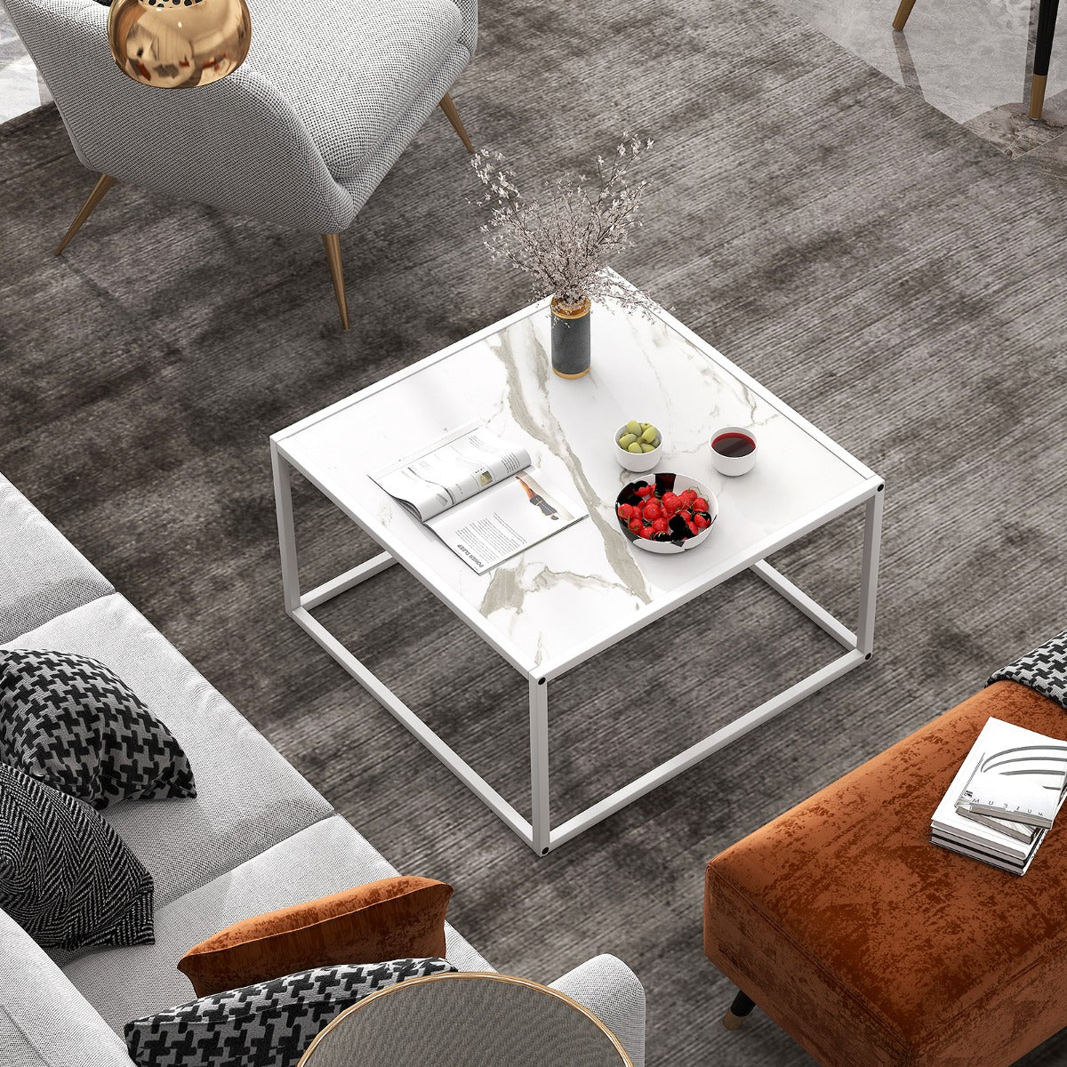 LIVSK Vierkante Salontafel - Imitatiemarmer met Mat Stalen Frame - Antislip Glijders - Draagvermogen 95 kg - 70 x 70 x 40 cm - Wit