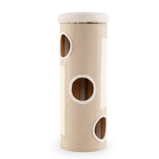 Livsk costway vierlaags kattenhuis voor meerdere katten tonvormig kattenmeubel met afneembaar pluchen bed sisal krabplank bamboemat