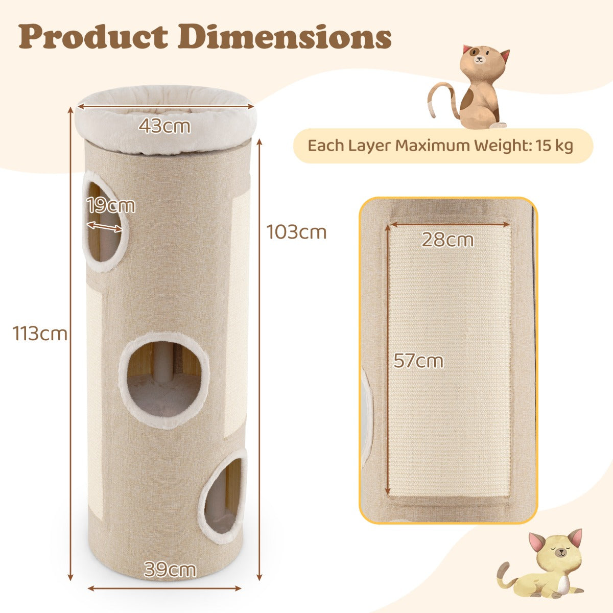 Livsk costway vierlaags kattenhuis voor meerdere katten tonvormig kattenmeubel met afneembaar pluchen bed sisal krabplank bamboemat 2