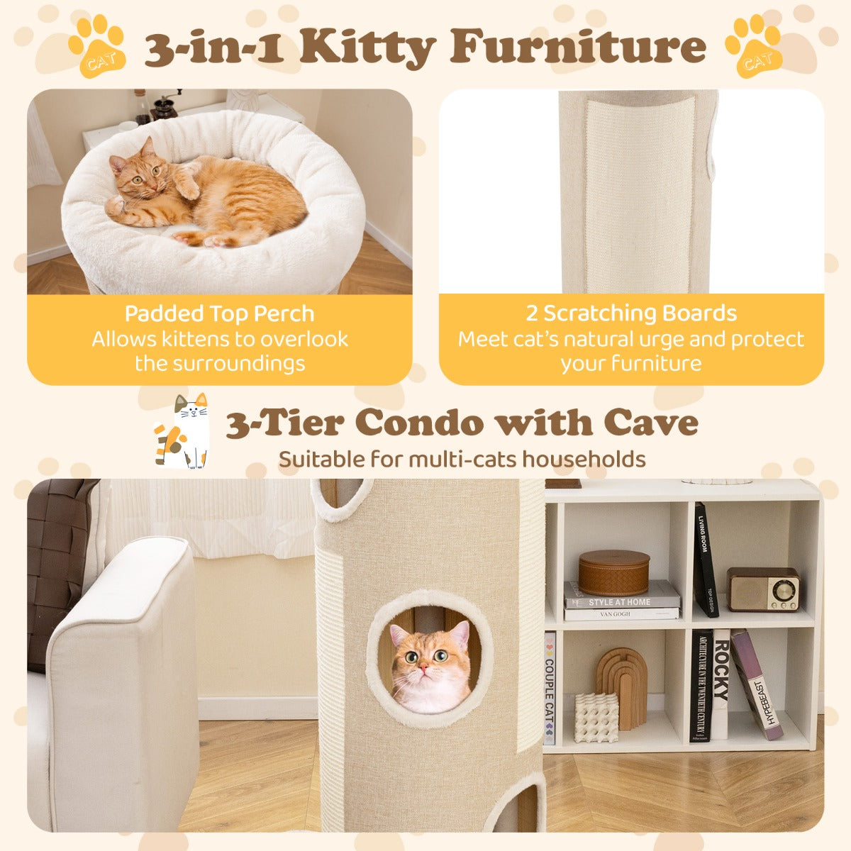Livsk costway vierlaags kattenhuis voor meerdere katten tonvormig kattenmeubel met afneembaar pluchen bed sisal krabplank bamboemat 3