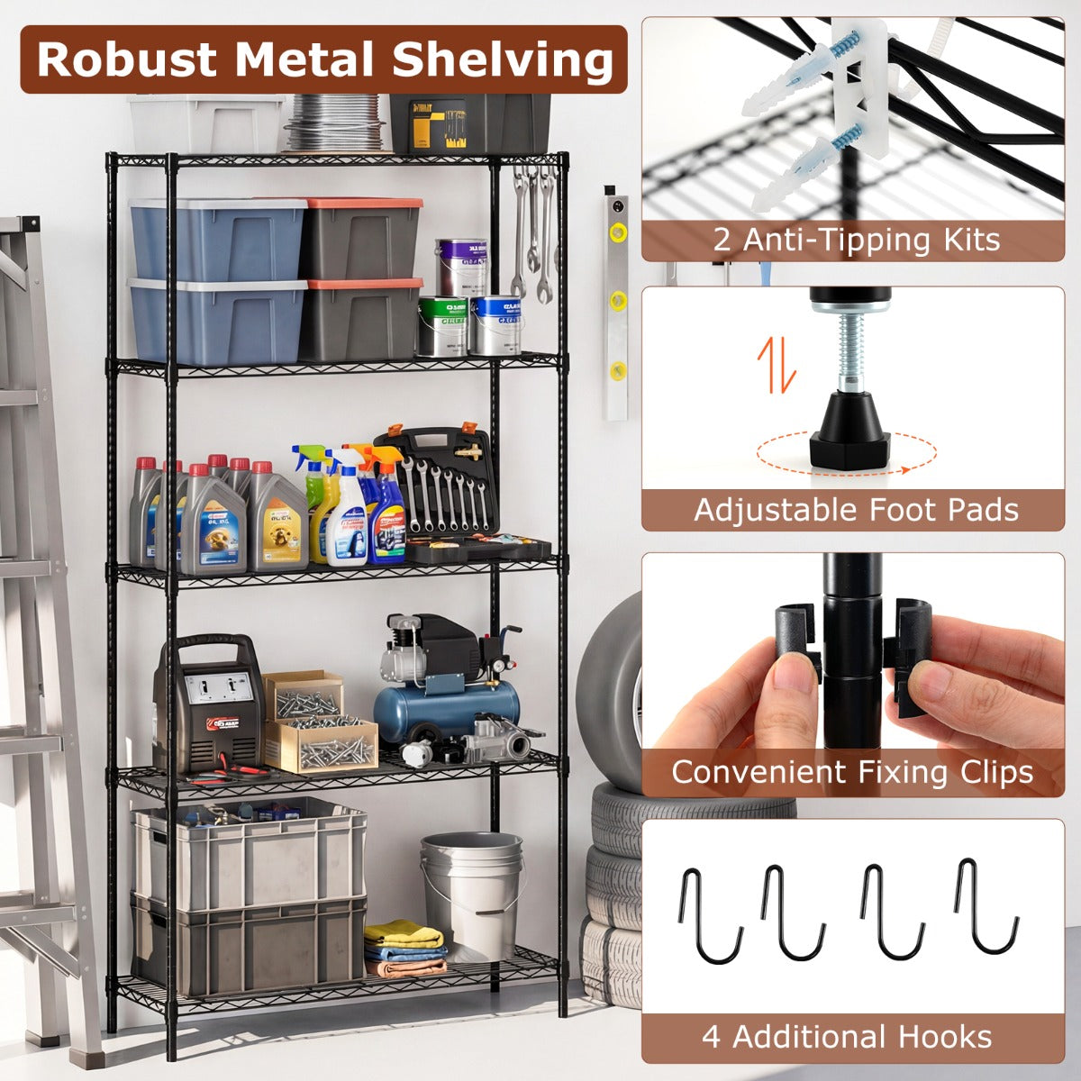 Livsk costway vijfdelige heavy duty rekken metalen rekken met in hoogte verstelbare planken 4