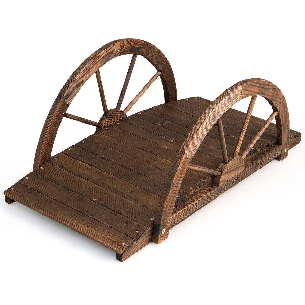 LIVSK Houten Tuinbrug - Massief Dennenhout - Halfronde Leuningen - Weerbestendig - Draagvermogen 75 kg - 101,5 x 48,5 x 38 cm -