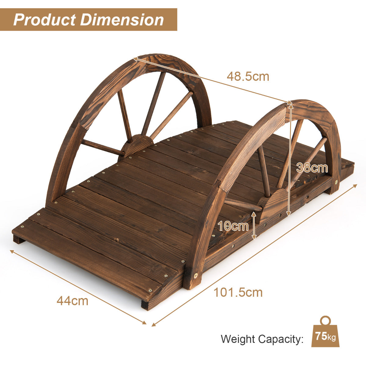 LIVSK Houten Tuinbrug - Massief Dennenhout - Halfronde Leuningen - Weerbestendig - Draagvermogen 75 kg - 101,5 x 48,5 x 38 cm -