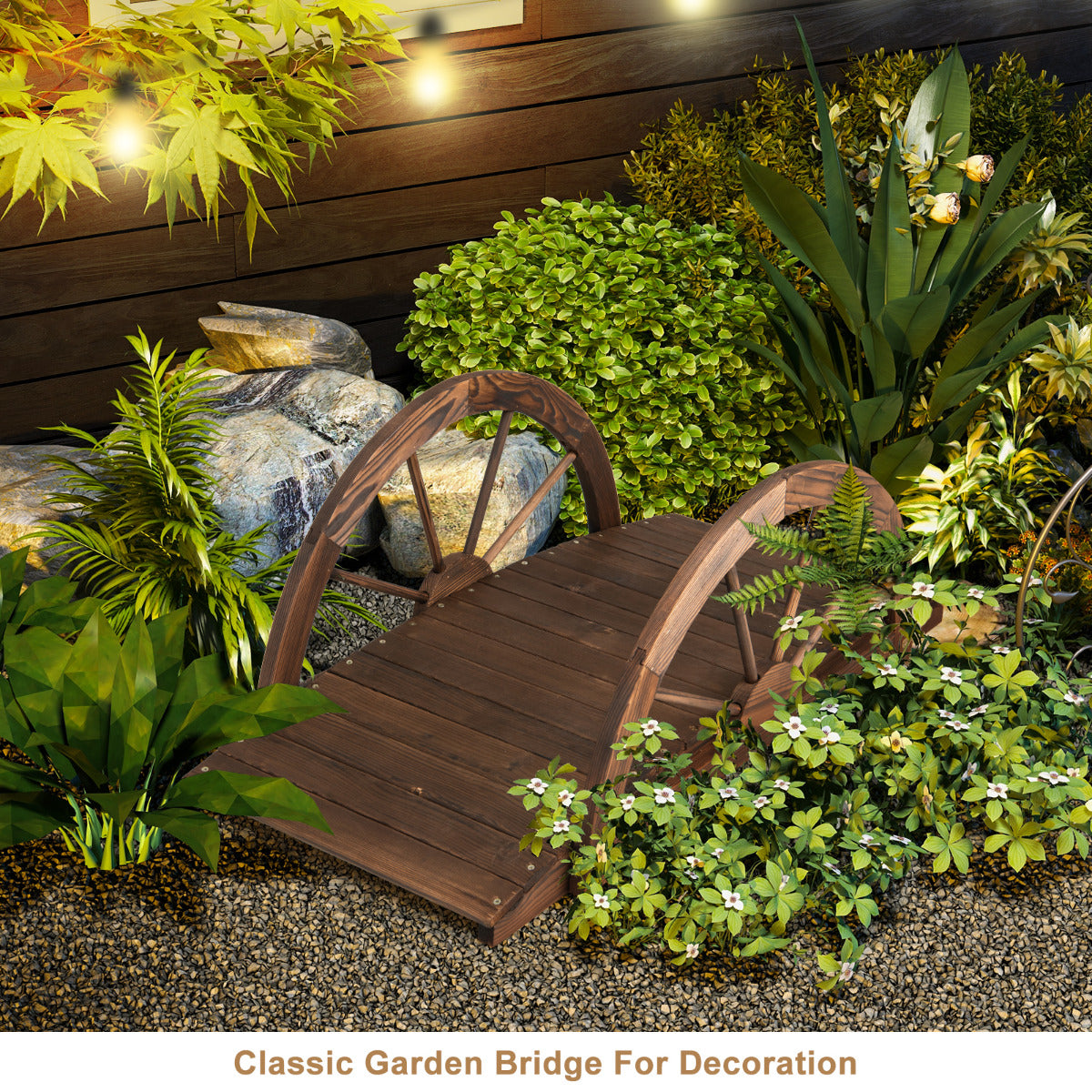 LIVSK Houten Tuinbrug - Massief Dennenhout - Halfronde Leuningen - Weerbestendig - Draagvermogen 75 kg - 101,5 x 48,5 x 38 cm -