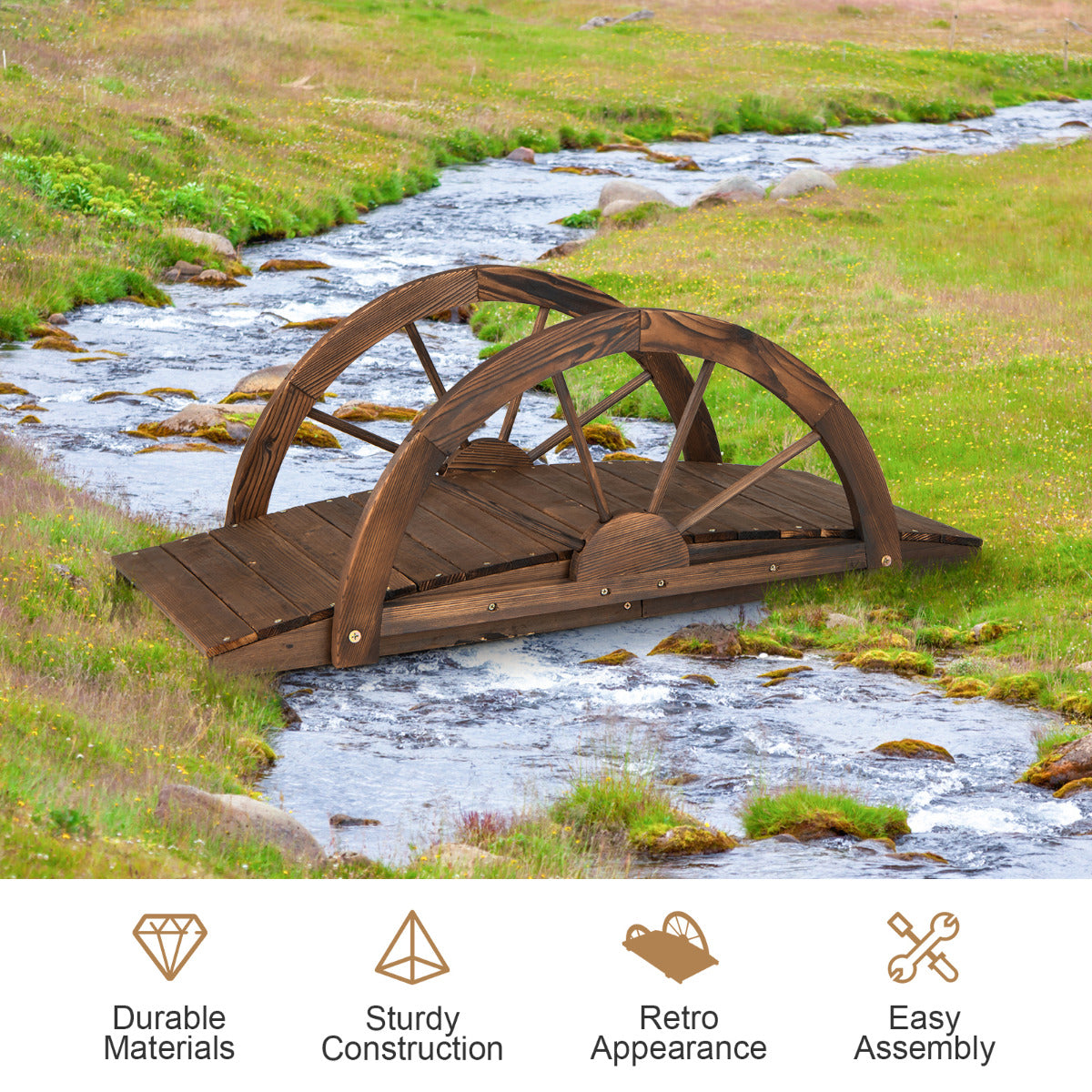 LIVSK Houten Tuinbrug - Massief Dennenhout - Halfronde Leuningen - Weerbestendig - Draagvermogen 75 kg - 101,5 x 48,5 x 38 cm -