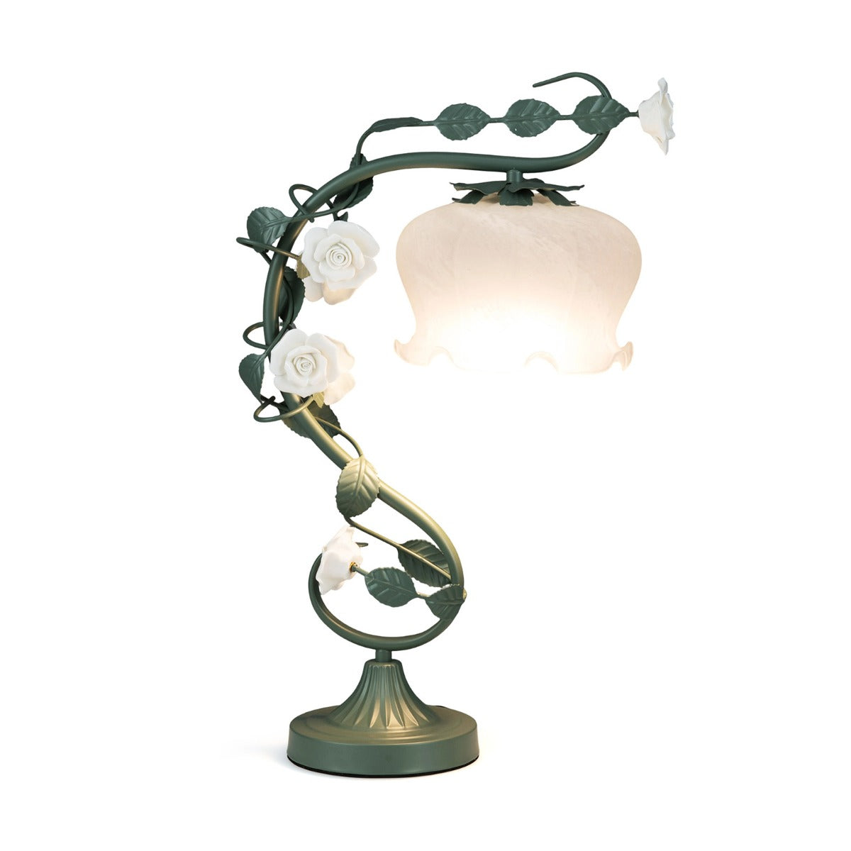 Livsk costway vintage bedlampje met een glazen kap in de vorm van lelietjes van dalen zes keramische rozen en metalen bladeren