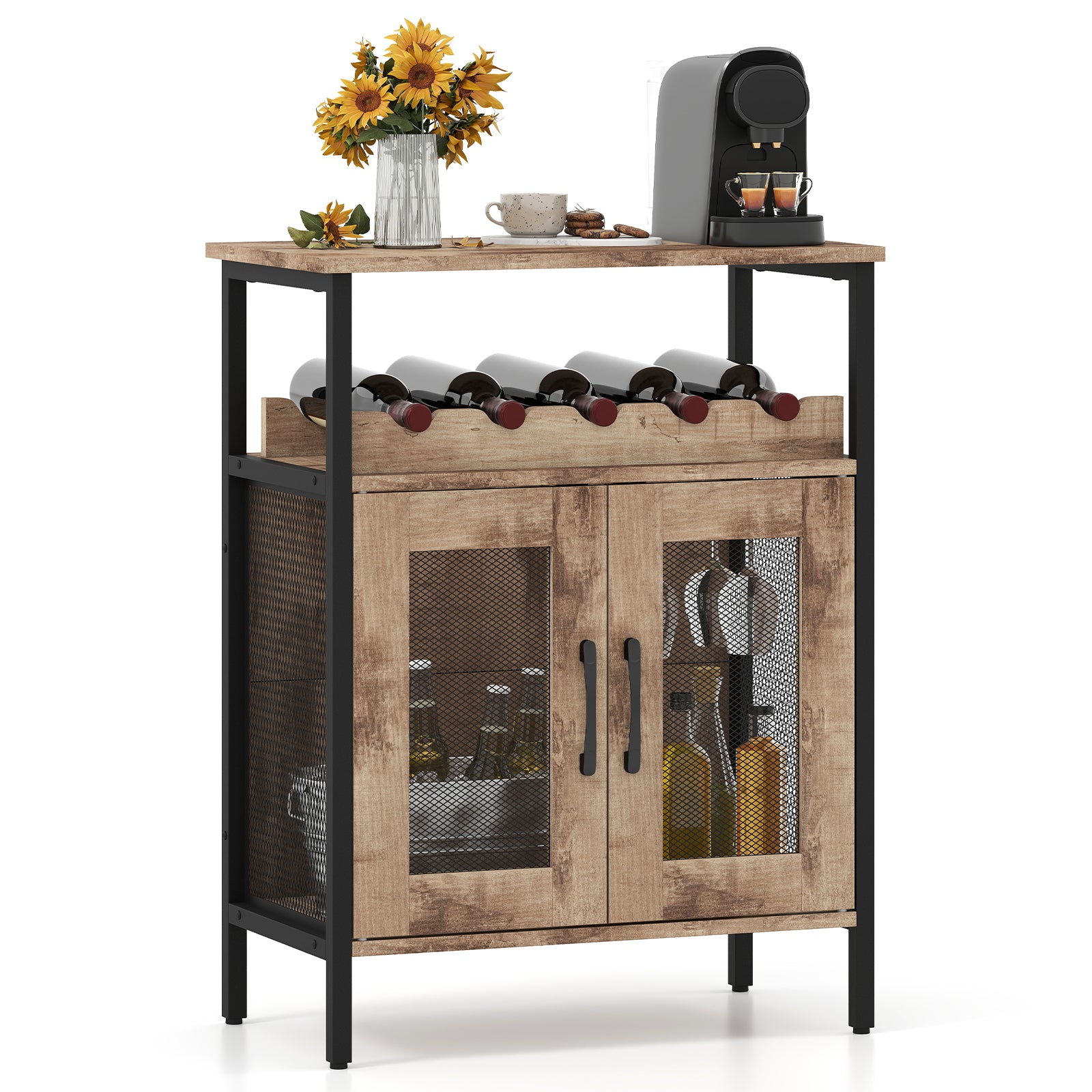 LIVSK Industriële Wijnkast met Afneembaar Wijnrek - Voor 5 Flessen en 6 Glazen - Sterk en Duurzaam - 60 x 34 x 79 cm - Lichtbruin