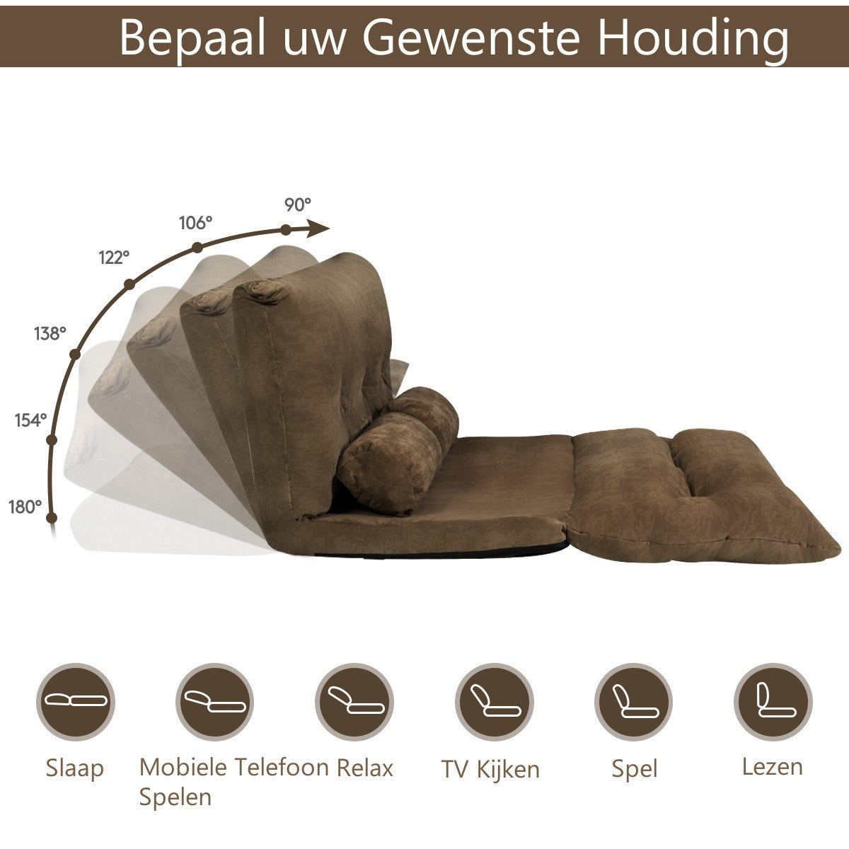 LIVSK Verstelbare Vloersofa - 6 Niveaus Rugleuning - Hoogwaardig Metalen Frame - Draagvermogen 150 kg - Koffie