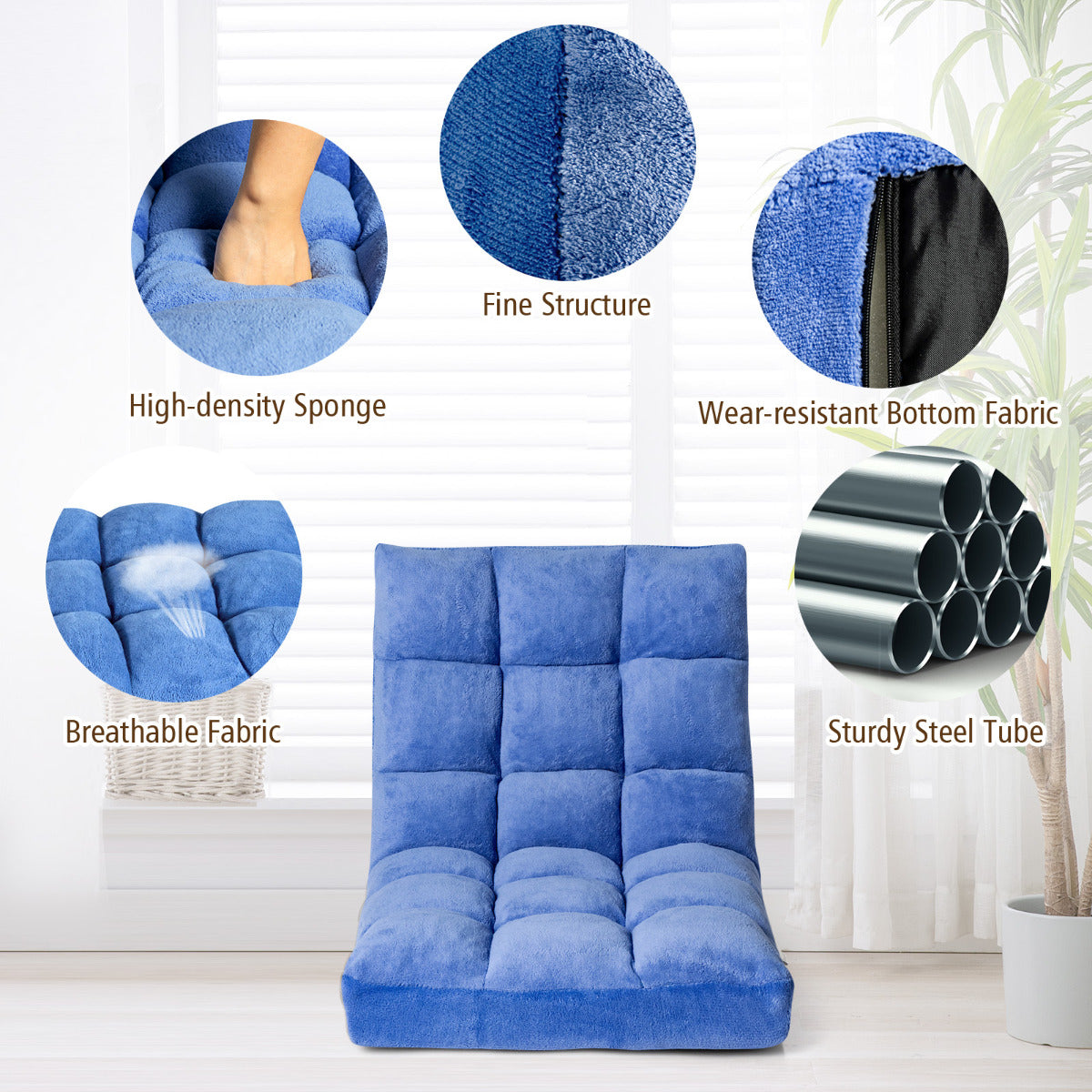 LIVSK Verstelbare Vloerstoel - 14 Standen Rugleuning - Opvouwbaar en Lichtgewicht - Geen Montage Nodig - 105 x 56 x 15 cm - Blauw