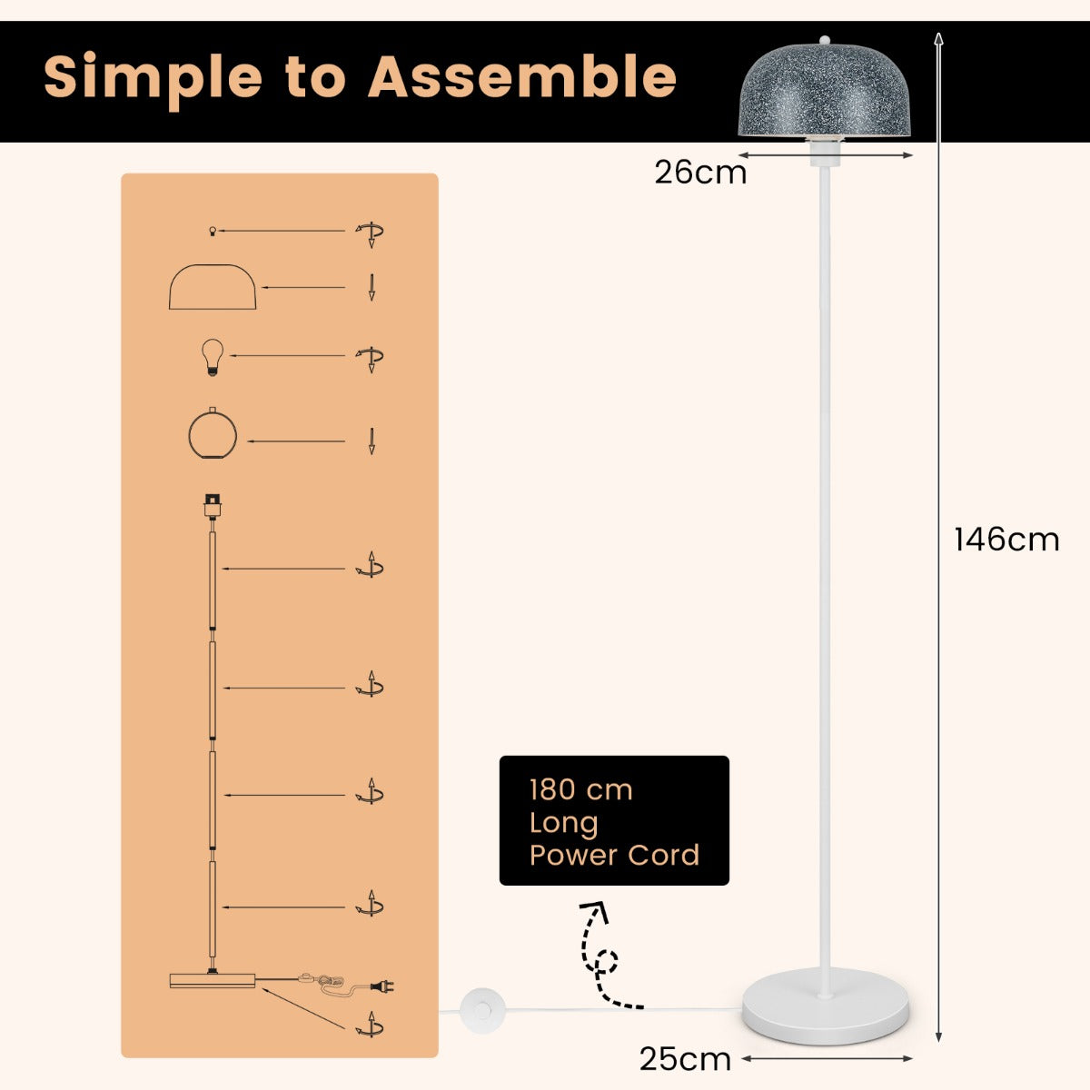 LIVSK Vloerlamp met Voetschakelaar - Modern Ontwerp met Imitatiesteen Kap - Stabiele Voet - E27 Lampvoet - 180 cm Snoer -