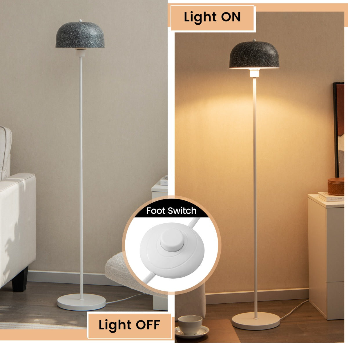 LIVSK Vloerlamp met Voetschakelaar - Modern Ontwerp met Imitatiesteen Kap - Stabiele Voet - E27 Lampvoet - 180 cm Snoer -