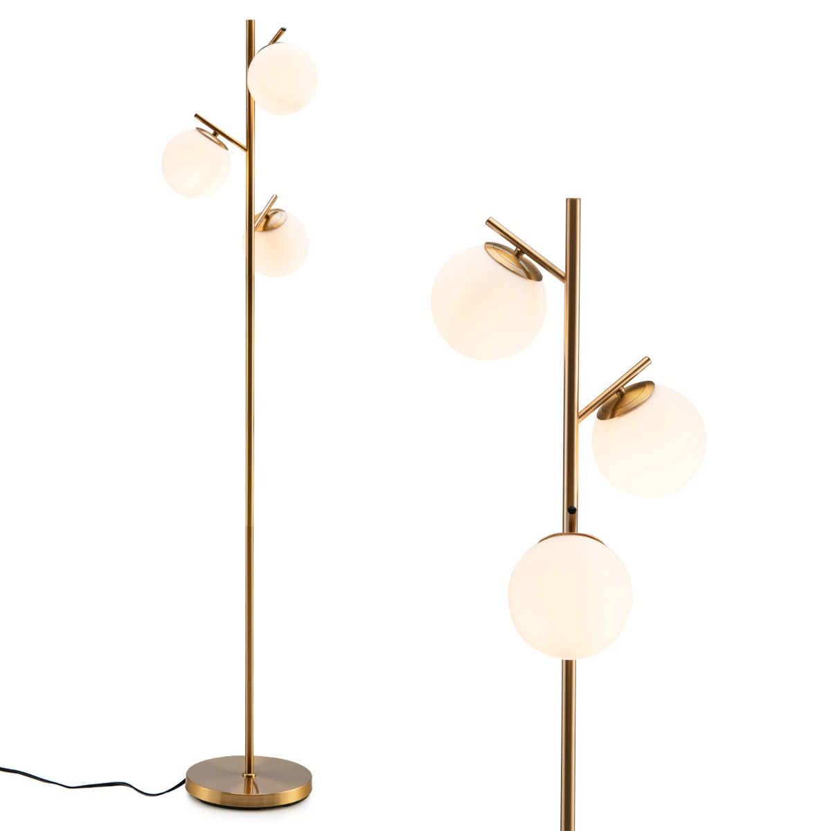 LIVSK Glazen Vloerlamp met 3 Kappen - Voetschakelaar - Robuust Metalen Frame - Warm Licht - 28 x 28 x 169 cm - Goud