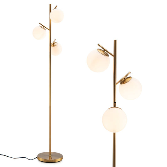 LIVSK Glazen Vloerlamp met 3 Kappen - Voetschakelaar - Robuust Metalen Frame - Warm Licht - 28 x 28 x 169 cm - Goud