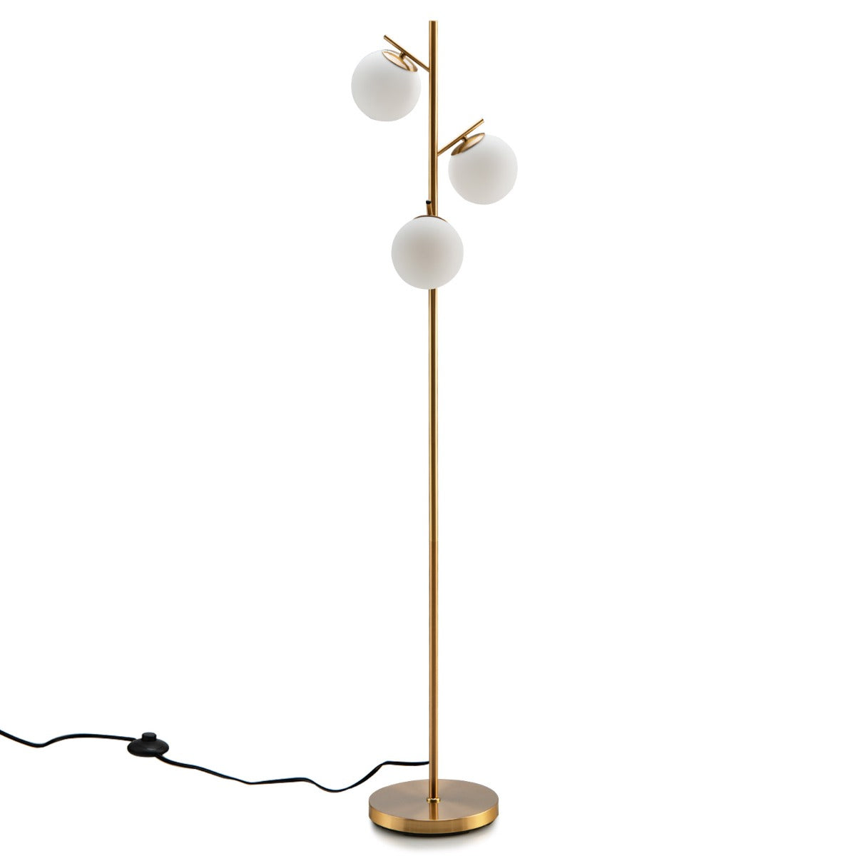 LIVSK Glazen Vloerlamp met 3 Kappen - Voetschakelaar - Robuust Metalen Frame - Warm Licht - 28 x 28 x 169 cm - Goud