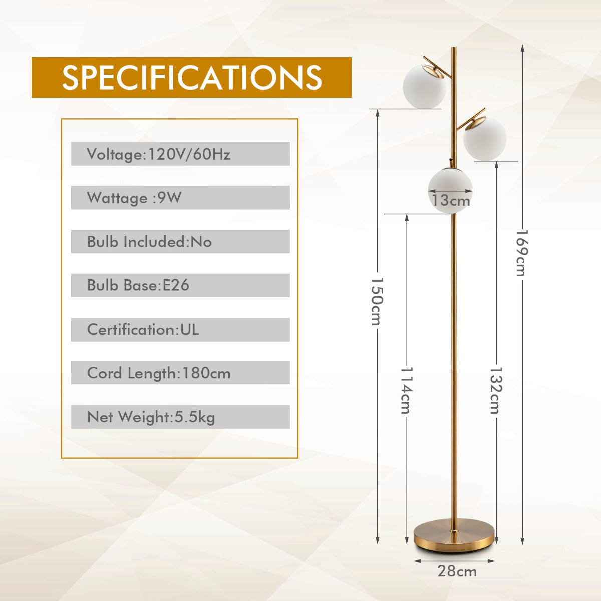 LIVSK Glazen Vloerlamp met 3 Kappen - Voetschakelaar - Robuust Metalen Frame - Warm Licht - 28 x 28 x 169 cm - Goud