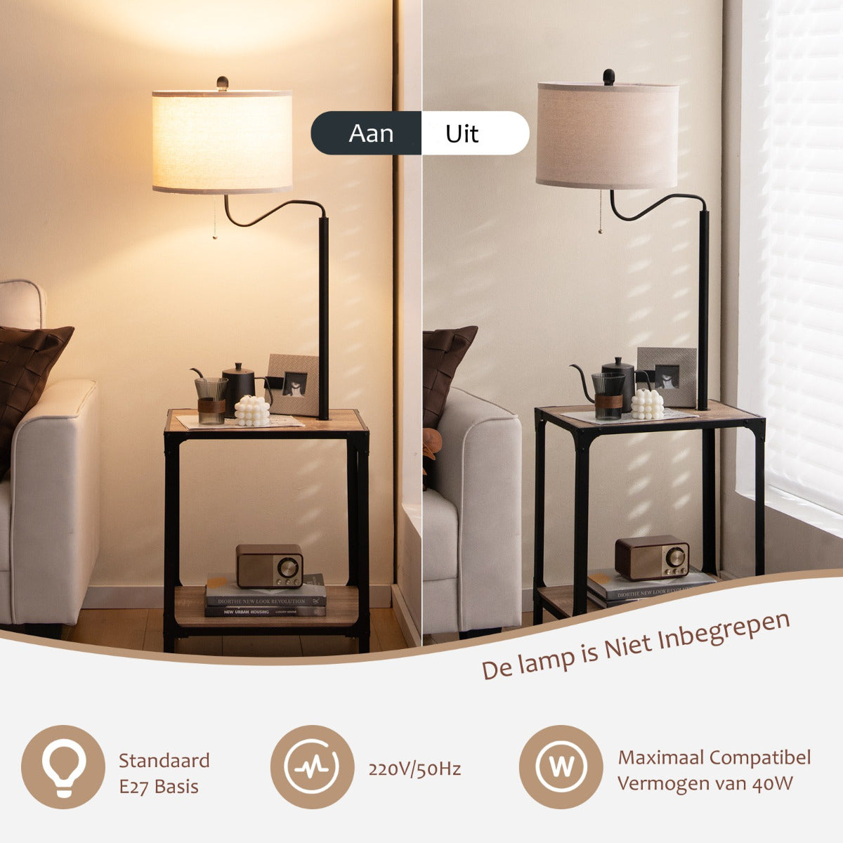 LIVSK Vloerlamp met Bijzettafel en USB - 2 Planken - 360° Draaibaar - Stalen Frame - 49 x 34 x 144 cm - Zwart