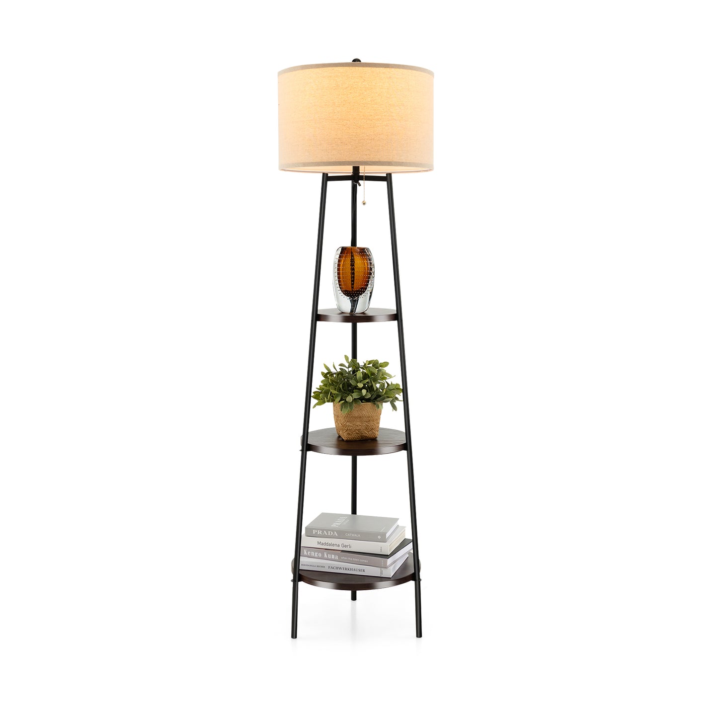 LIVSK Vloerlamp met Opbergruimte - Moderne Stijl met 3 Planken - Duurzame Linnen Lampenkap - E27-fitting - Zwart