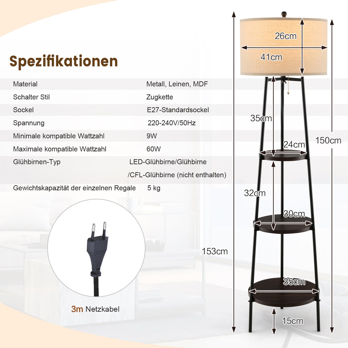 LIVSK Vloerlamp met Opbergruimte - Moderne Stijl met 3 Planken - Duurzame Linnen Lampenkap - E27-fitting - Zwart