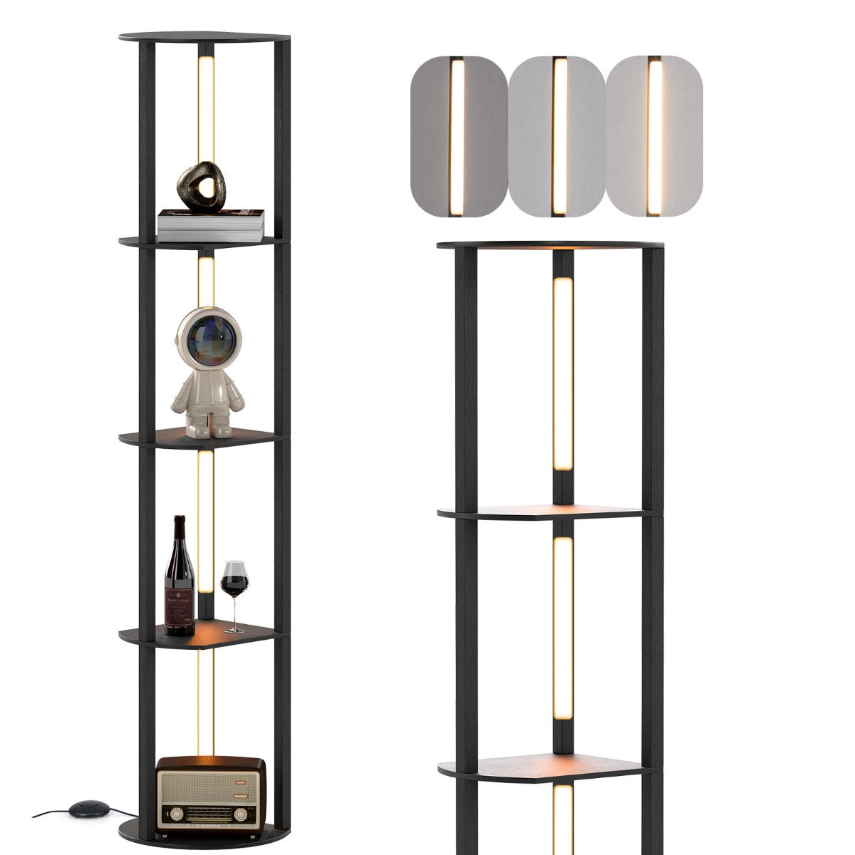 LIVSK Vloerlamp met Draaibare LED-Strips - 4 Opbergplanken - Voetenschakelaar - 3 Helderheidsniveaus - 35 x 30 x 163 cm - Zwart