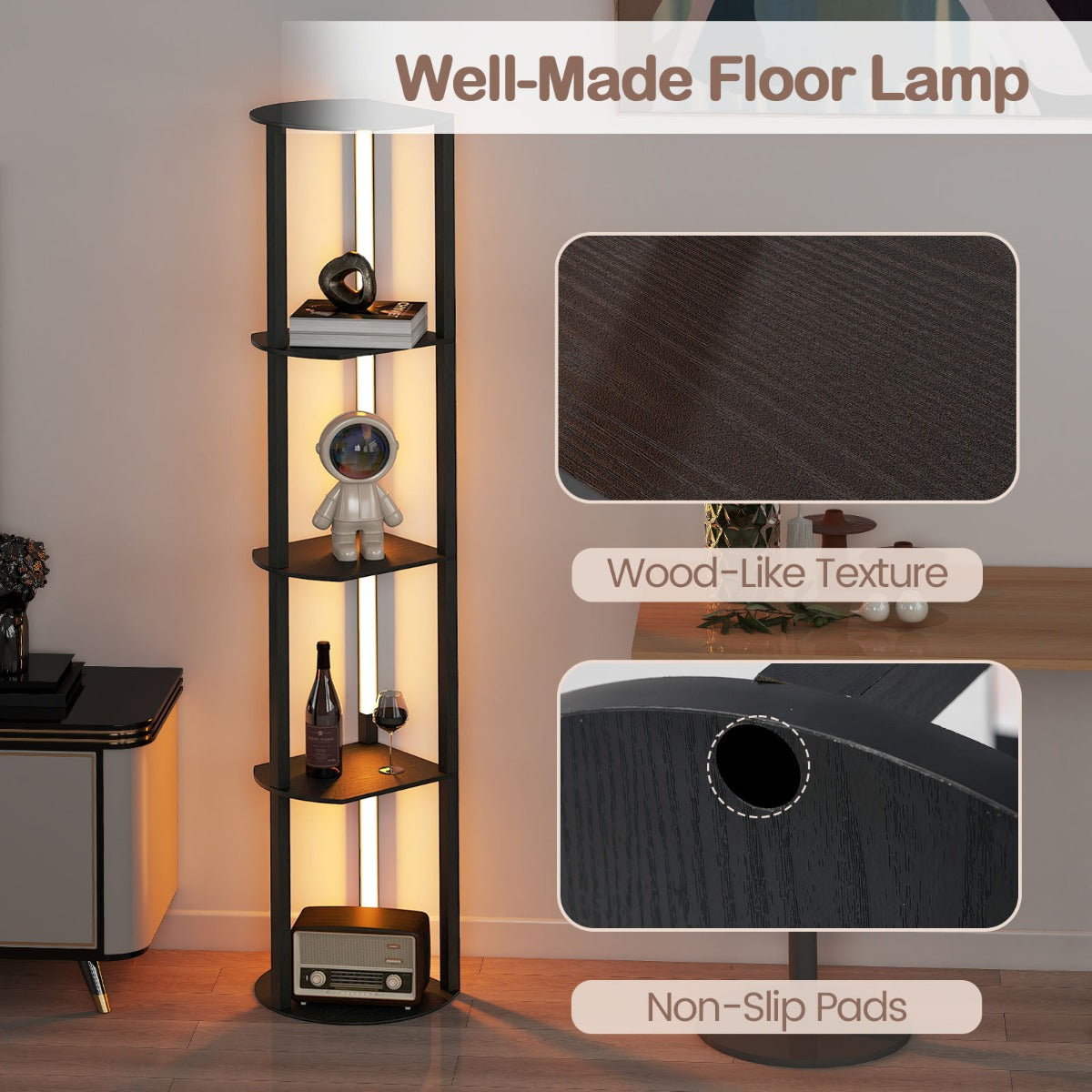 LIVSK Vloerlamp met Draaibare LED-Strips - 4 Opbergplanken - Voetenschakelaar - 3 Helderheidsniveaus - 35 x 30 x 163 cm - Zwart