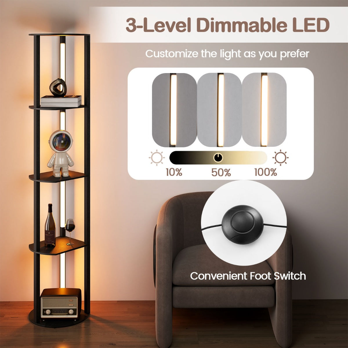 LIVSK Vloerlamp met Draaibare LED-Strips - 4 Opbergplanken - Voetenschakelaar - 3 Helderheidsniveaus - 35 x 30 x 163 cm - Zwart