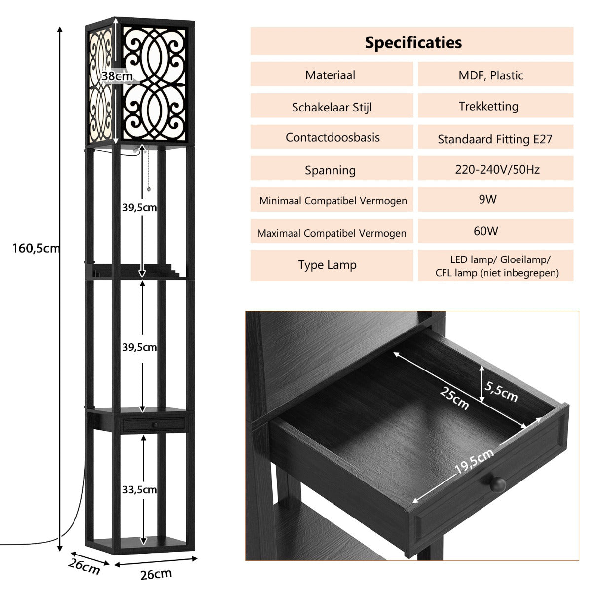 LIVSK Plank Vloerlamp met Stopcontact en USB-poorten - 3 Open Planken en Lade - Modern Design - 26 x 26 x 160,5 cm - Zwart